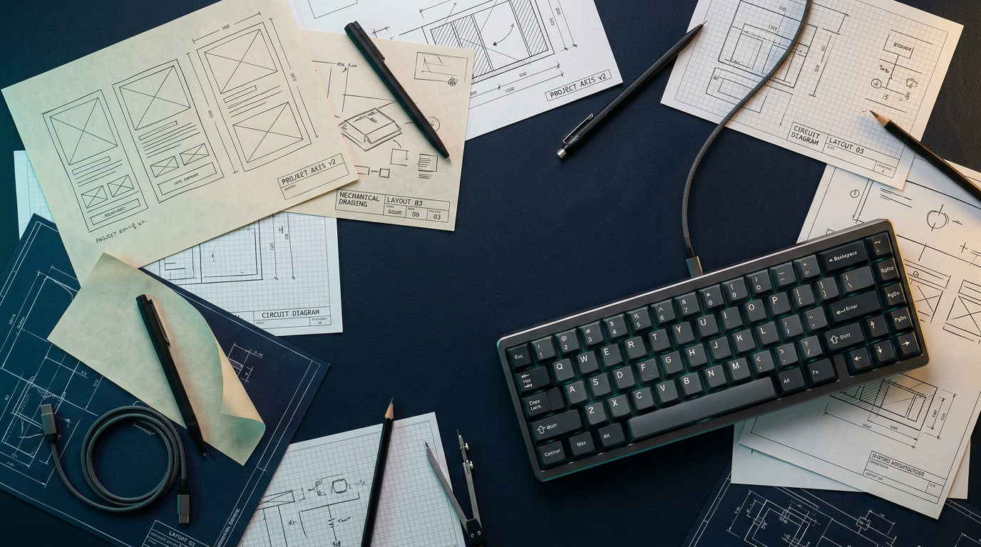 Flat-lay of sketches and keyboard used for early planning.