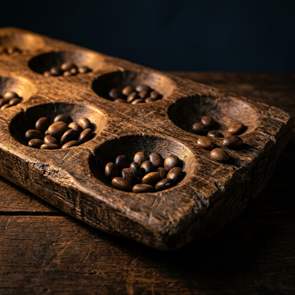 Traditional wooden mancala board with seeds.