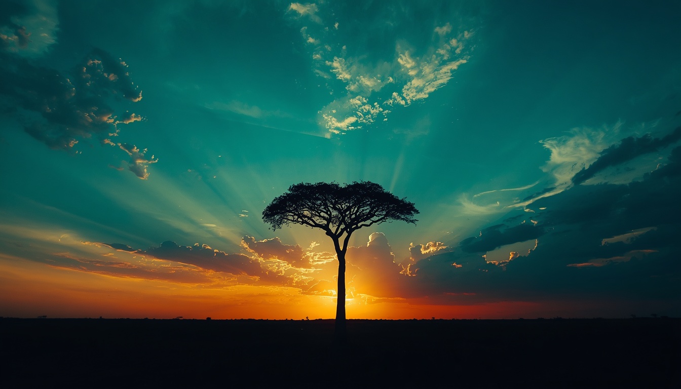 Acacia tree silhouette against a sunrise sky.